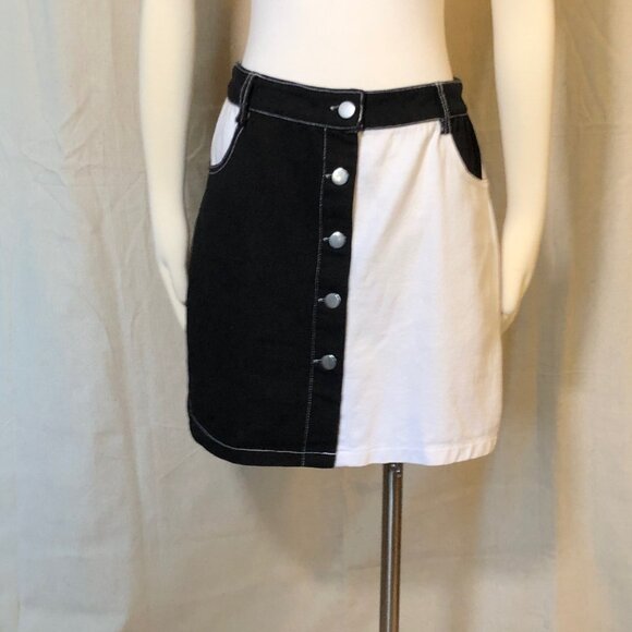 Shein Black White Button Front Denim Skirt L - Picture 2 of 7